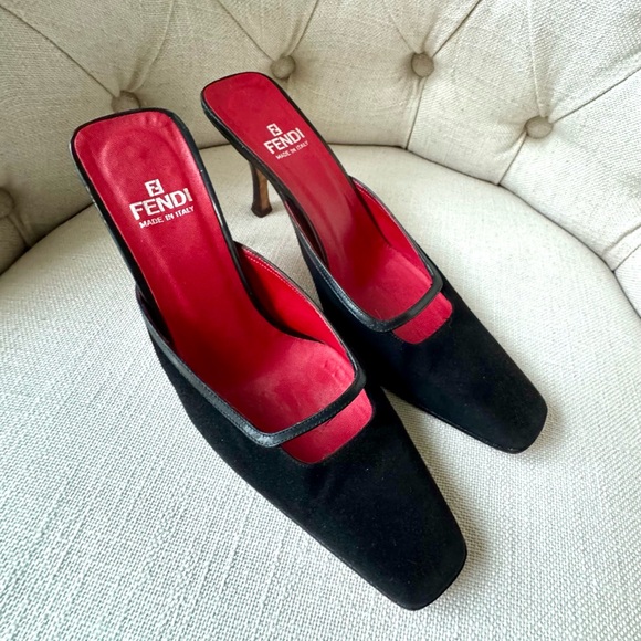 FENDI Vintage Black Suede & Leather Mule Heels | Square Toe | Made in Italy | 7 - Picture 8 of 8